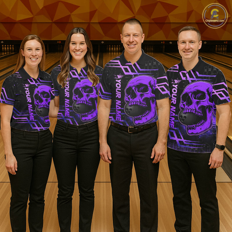 Black And Purple Skull Holding Bowling Ball Shirt For Women Custom Bowling Team Attire NYN3281