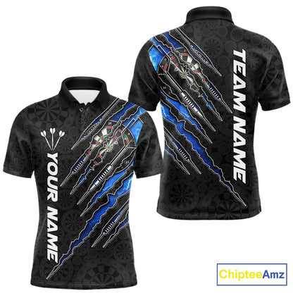 Custom Thunder Lightning Blue Men's Darts Polo Shirt, Personalized Team Jersey, Electric Storm Performance Apparel, League Tournament Uniform, Lightning Graphic, Speed, Precision & Competitive Energy