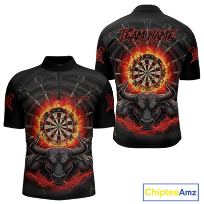 Funny Bull Red Flames Dartboard Dart Arrow Custom Men Quarter-Zip Darts Shirt Dart Gifts NYN2016