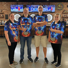 Load image into Gallery viewer, Red And Blue Flames Skull Dartboard Custom Men Darts Quarter-Zip League Shirts Skull Dart Jerseys NYN2250