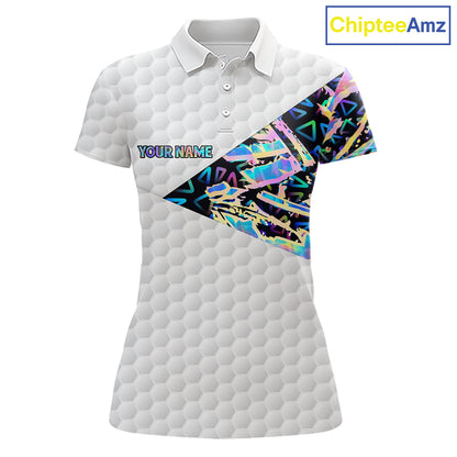 Personalized Womens Golf Polo Shirt Custom Name Holographic And White Golf Ball Golf Attire NYN2912