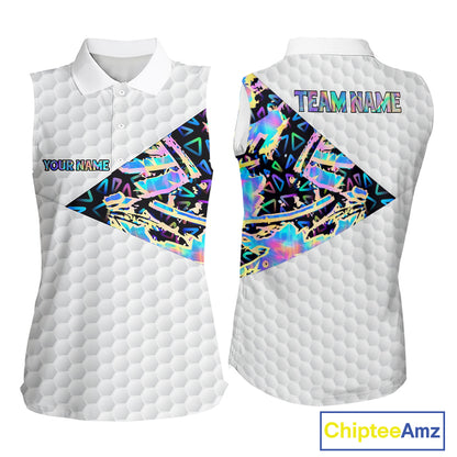 Personalized Womens Sleeveless Golf Polo Shirt Custom Name Holographic And White Golf Ball Golf Attire NYN2912