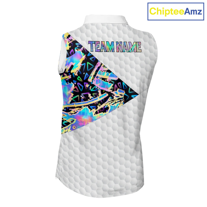 Personalized Womens Sleeveless Golf Polo Shirt Custom Name Holographic And White Golf Ball Golf Attire NYN2912
