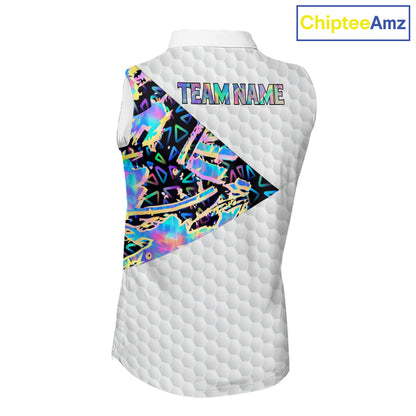 Personalized Womens Sleeveless Golf Polo Shirt Custom Name Holographic And White Golf Ball Golf Attire NYN2912