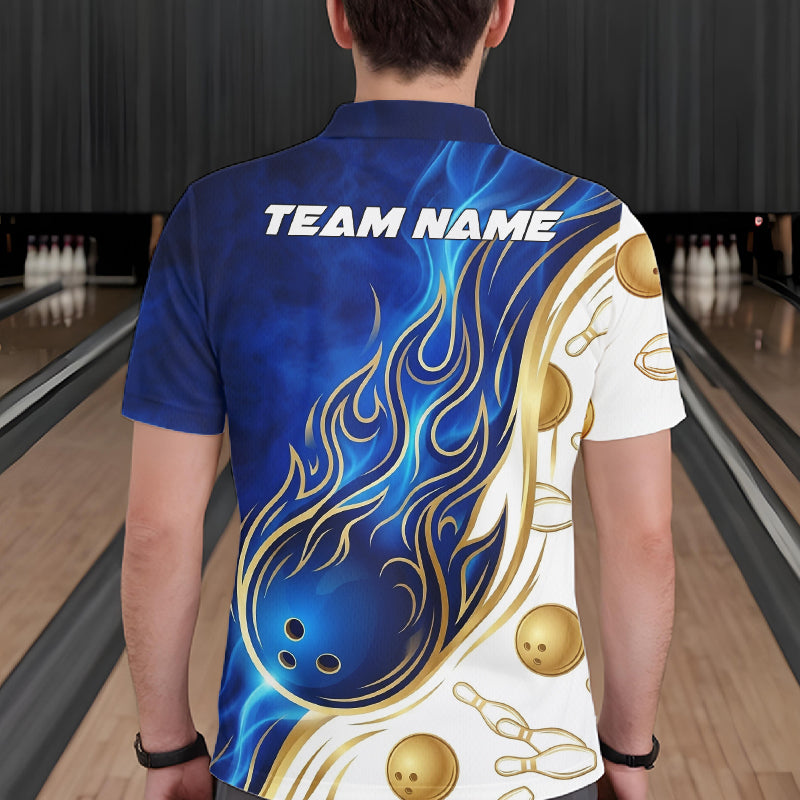 Custom Gold And Blue Flames Bowling Team Jerseys, Bowling League Polo & 1/4-Zip Shirt For Men NYN2917