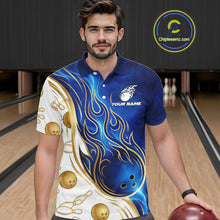 Load image into Gallery viewer, Custom Gold And Blue Flames Bowling Team Jerseys, Bowling League Polo &amp; 1/4-Zip Shirt For Men NYN2917