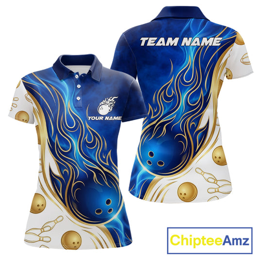 Custom Gold And Blue Flames Bowling Team Jerseys, Bowling League Polo & 1/4-Zip Shirt For Women NYN2917