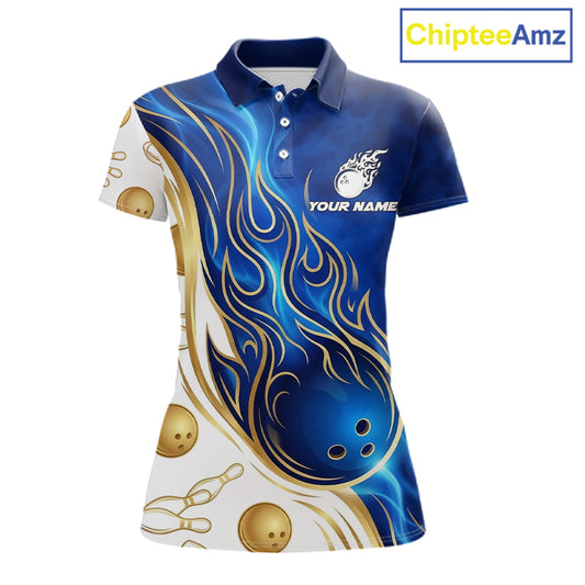 Custom Gold And Blue Flames Bowling Team Jerseys, Bowling League Polo & 1/4-Zip Shirt For Women NYN2917