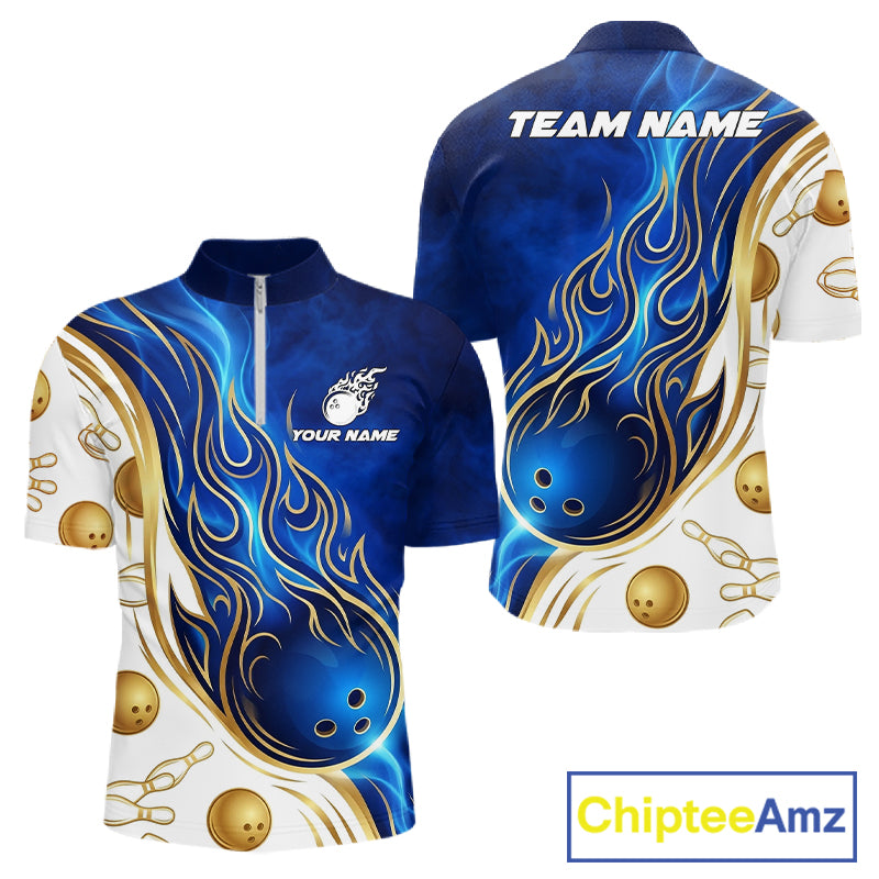 Custom Gold And Blue Flames Bowling Team Jerseys, Bowling League Polo & 1/4-Zip Shirt For Men NYN2917