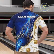 Load image into Gallery viewer, Custom Gold And Blue Flames Bowling Team Jerseys, Bowling League Polo &amp; 1/4-Zip Shirt For Men NYN2917