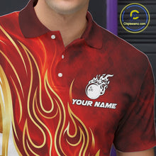 Load image into Gallery viewer, Custom Gold And Red Flames Bowling Team Jerseys, Bowling League Polo &amp; 1/4-Zip Shirt For Men NYN2918