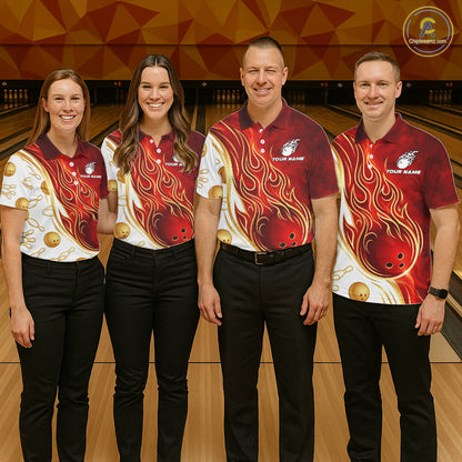 Custom Gold And Red Flames Bowling Team Jerseys, Bowling League Polo & 1/4-Zip Shirt For Men NYN2918