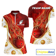 Load image into Gallery viewer, Custom Gold And Red Flames Bowling Team Jerseys, Bowling League Polo &amp; 1/4-Zip Shirt For Women NYN2918
