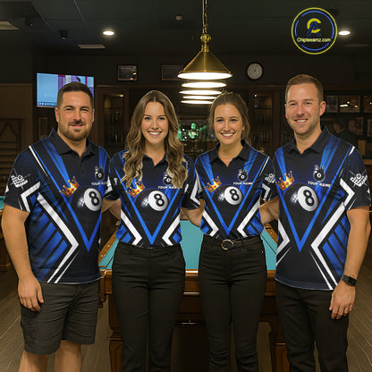 Personalized Crown 8 Ball Pool Black And Blue Polo Shirts For Women, Custom Billiard Team Apparel NYN3292