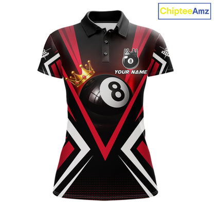 Crown 8 ball black and red women billiard polo shirt custom team design