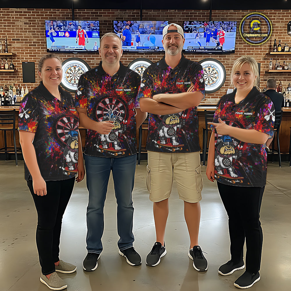 Multi-Color Splatter Funny Bulldog Custom Men Darts Polo League Shirts Dart Team Jerseys NYN2255