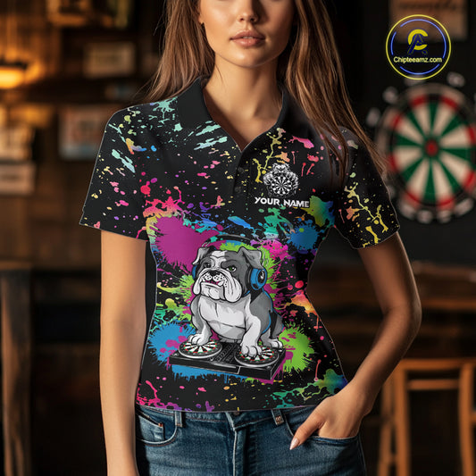 Colorful Paint Funny Dj Music Bulldog Custom Women Darts Polo Shirts Dart League Jerseys NYN2257