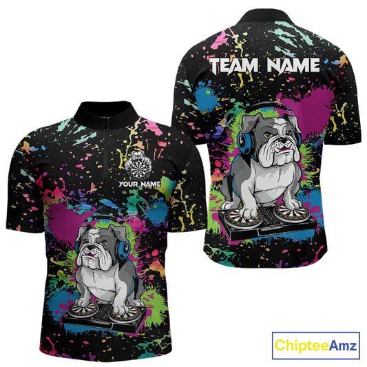Colorful Paint Funny Dj Music Bulldog Custom Men Darts Quarter-Zip Shirts Dart League Jerseys NYN2257