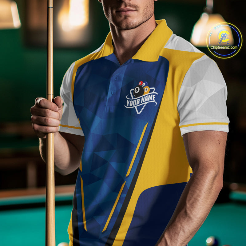 Yellow And Blue Geometric Mens Billiard Shirts Custom Polo & 1/4-Zip Billiard Team Jersey NYN3306