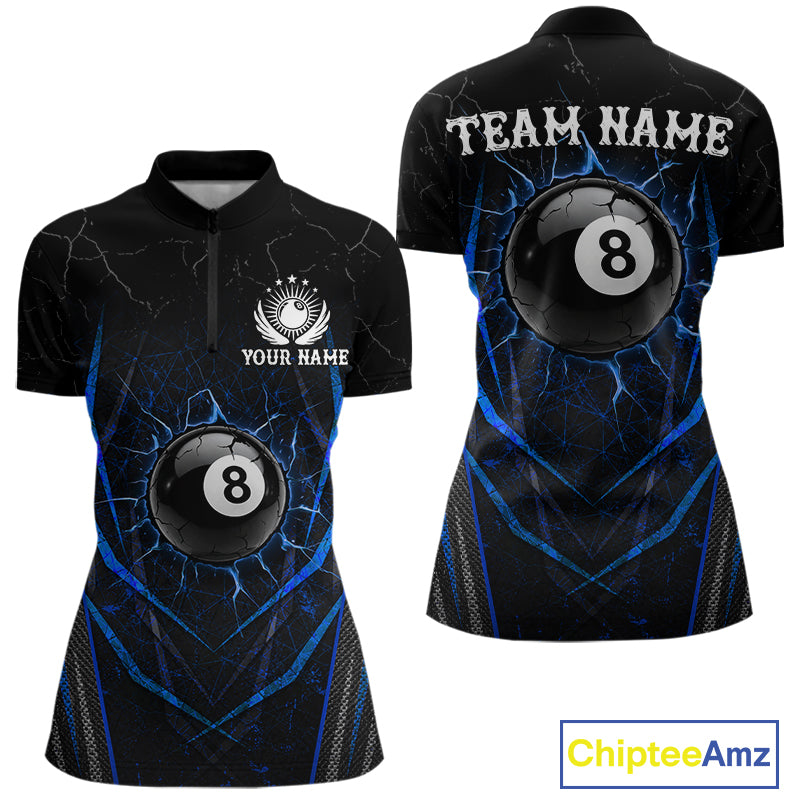 Black and blue broken glass 8 ball billiard 1/4-zip shirt for women custom team jersey