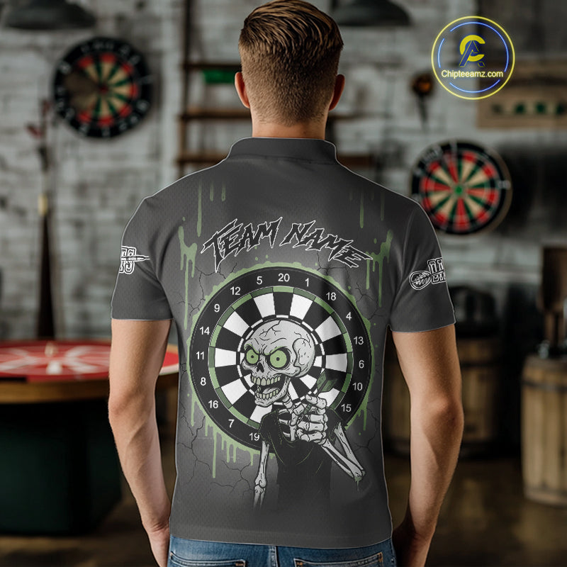 Custom Grey & Green Dartboard Funny Skeleton Dart Men Polo Jerseys Dart Team Shirts NYN1752