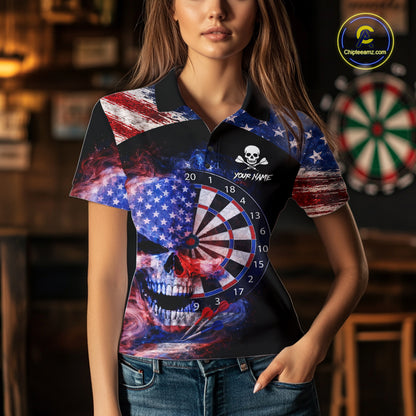 Smoke US Flag Skull Dartboard Women Darts Polo Shirt Custom Retro Patriotic Darts Jerseys NYN2550