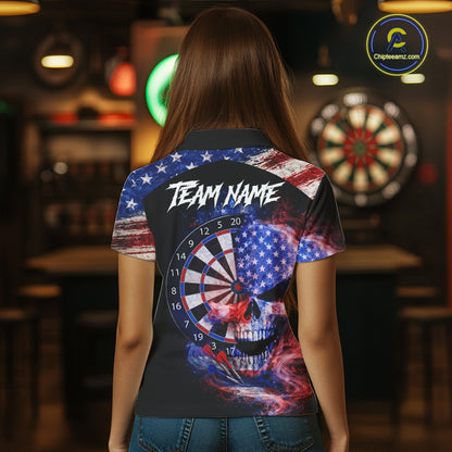 Smoke US Flag Skull Dartboard Women Darts Polo Shirt Custom Retro Patriotic Darts Jerseys NYN2550