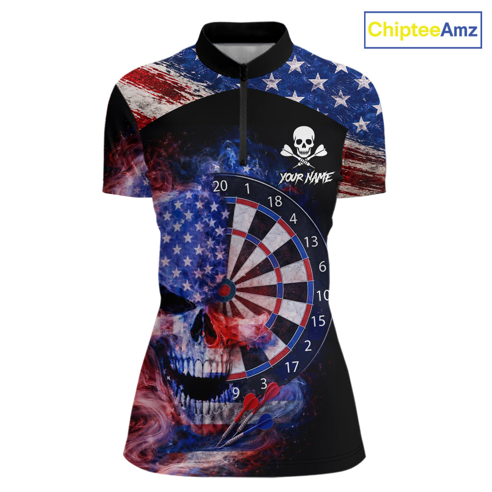 Smoke US Flag Skull Dartboard Women Darts Quarter-Zip Shirt Custom Retro Patriotic Darts Jerseys NYN2550
