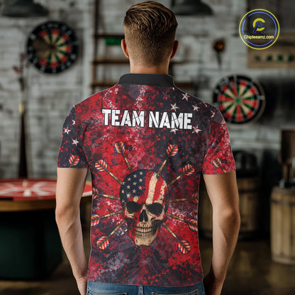 Red Grunge US Flag Skull Dart Arrow Men Darts Polo Shirt Custom Retro Darts Team Jerseys NYN2552