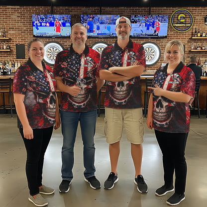 Red Grunge US Flag Skull Dart Arrow Women Darts Polo Shirt Custom Retro Darts Team Jerseys NYN2552