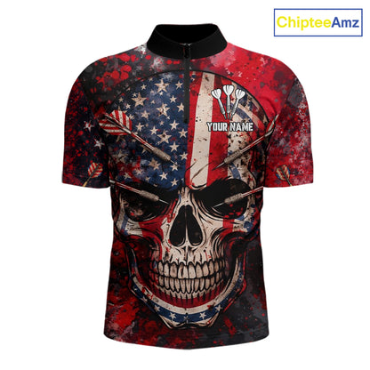 Red Grunge US Flag Skull Dart Arrow Men Darts Quarter-Zip Shirt Custom Retro Darts Team Jerseys NYN2552