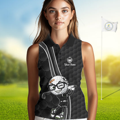 Woman wearing a black sleeveless golf shirt with a cartoon golf ball design on a golf course background