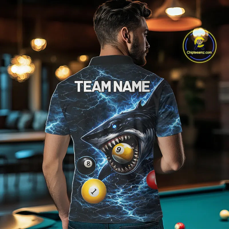 Thunder Blue Funny Shark Play Pool 8 Ball Men's Billiard Shirt Custom Billiard Team League Attire NYN2558