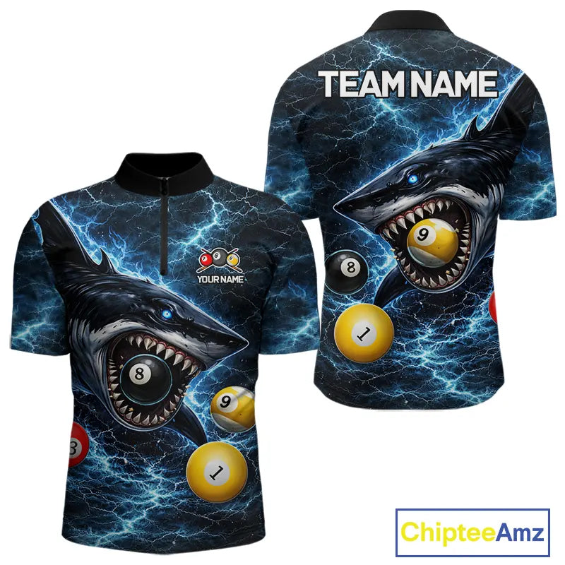 Thunder Blue Funny Shark Play Pool 8 Ball Men's Billiard Shirt Custom Billiard Team League Attire NYN2558