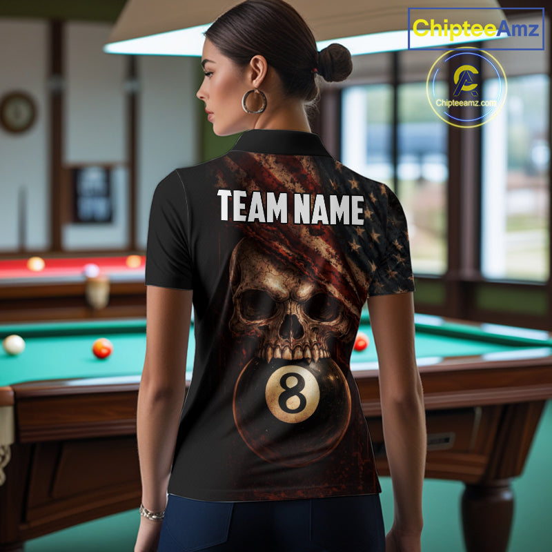 Grunge Vintage US Flag Skull Pool 8 Ball Women's Billiard Shirt Custom Retro Billiard Team Attire NYN2563
