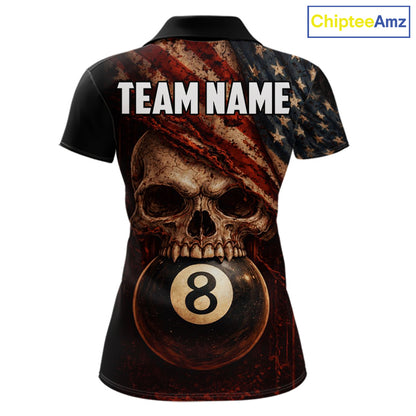 Grunge Vintage US Flag Skull Pool 8 Ball Women's Billiard Shirt Custom Retro Billiard Team Attire NYN2563