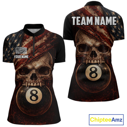Grunge Vintage US Flag Skull Pool 8 Ball Women's Billiard Shirt Custom Retro Billiard Team Attire NYN2563