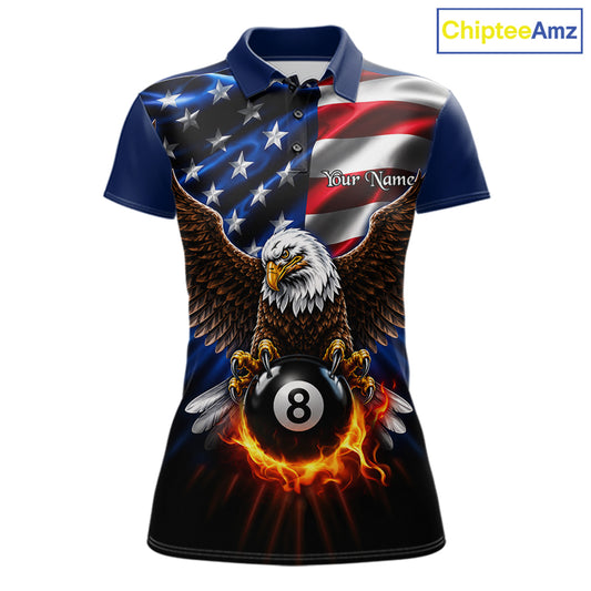 Custom Fire Flame Eagle 8 Ball Women's Billiard Polo Shirt, American Flag Patriot Pool Team Jersey, Personalized Billiards League Apparel, Performance Polo, Tournament Uniform, 8 Ball Pool, Cue Sports, USA Pride