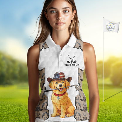 Cowboy Pattern White Golf Ball Womens Golden Golf Sleeveless Polo Shirts Custom Name Golf Gifts NYN3151