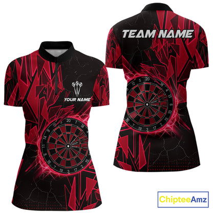 Red broken glass dartboard lightning dart quarter-zip shirt for women custom dart clothing