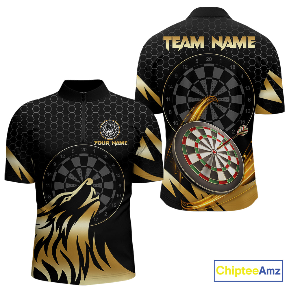 Black And Gold Horror Wolf Dart Shirts For Men Custom Thunder Dartboard Dart Team Name Jerseys NYN3625