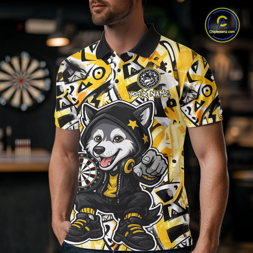 Funny Wolf Dart Shirts For Men Custom Black, White & Yellow Graffiti Dart Team Name Jerseys NYN3626