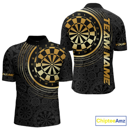 Black & Gold Gradient Dartboard Mens Dart Polo Quarter Zip Shirts Custom Team Name Dart Jerseys NYN3630