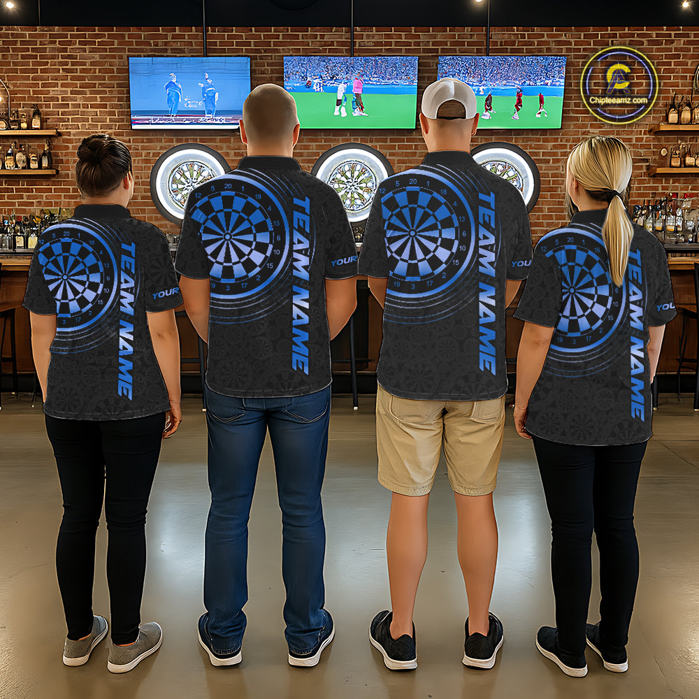 Black & Blue Gradient Dartboard Mens Dart Polo Quarter Zip Shirts Custom Team Name Dart Jerseys NYN3631