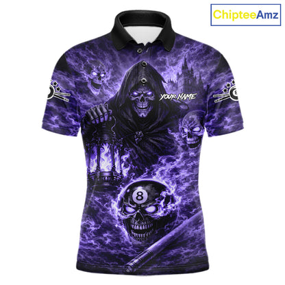 Fire Flames Purple Grim Reaper Skull 8 Ball Pool Men Billiard Shirt Personalized Billiard Team Names NYN2736