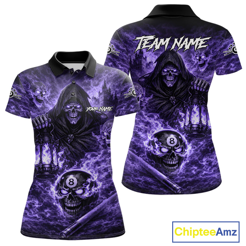 Fire Flames Purple Grim Reaper Skull 8 Ball Pool Women Billiard Shirt Personalized Billiard Team Names NYN2736