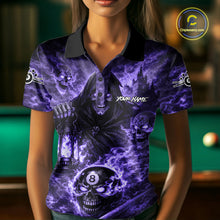 Load image into Gallery viewer, Fire Flames Purple Grim Reaper Skull 8 Ball Pool Women Billiard Shirt Personalized Billiard Team Names NYN2736