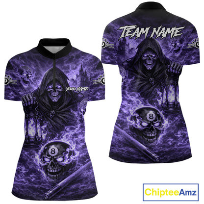 Fire Flames Purple Grim Reaper Skull 8 Ball Pool Women Billiard Shirt Personalized Billiard Team Names NYN2736
