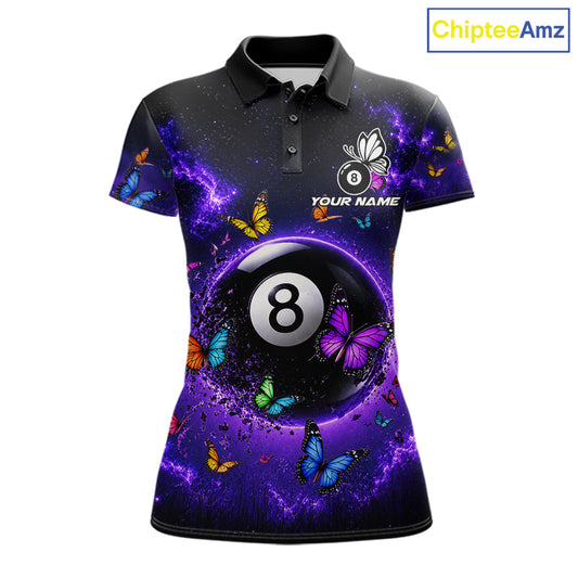 Purple Light 8 Ball Women's Billiard Polo Shirt Colorful Butterflies Custom Pool Team Jersey