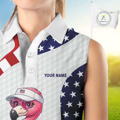 Flamingo Custom Name White American Flag Patriotic Golf Womens Sleeveless Polo Shirt, Flamingo Golf Clothing For Womens NYN2960